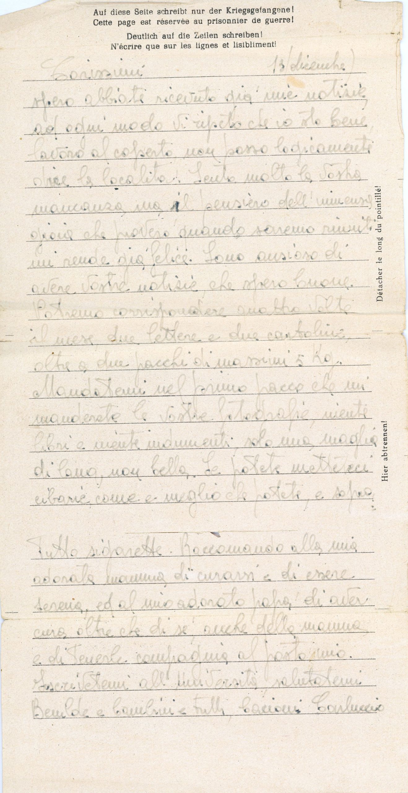 Carlo Bonalumi, lettera del 13 dicembre 1943